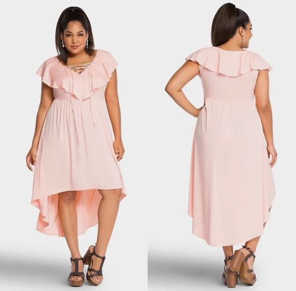 torrid Dresses & Skirts - Torrid Women's Plus Size Blush Pink Ruffle Hi-Lo Lace Up Dress Size 18